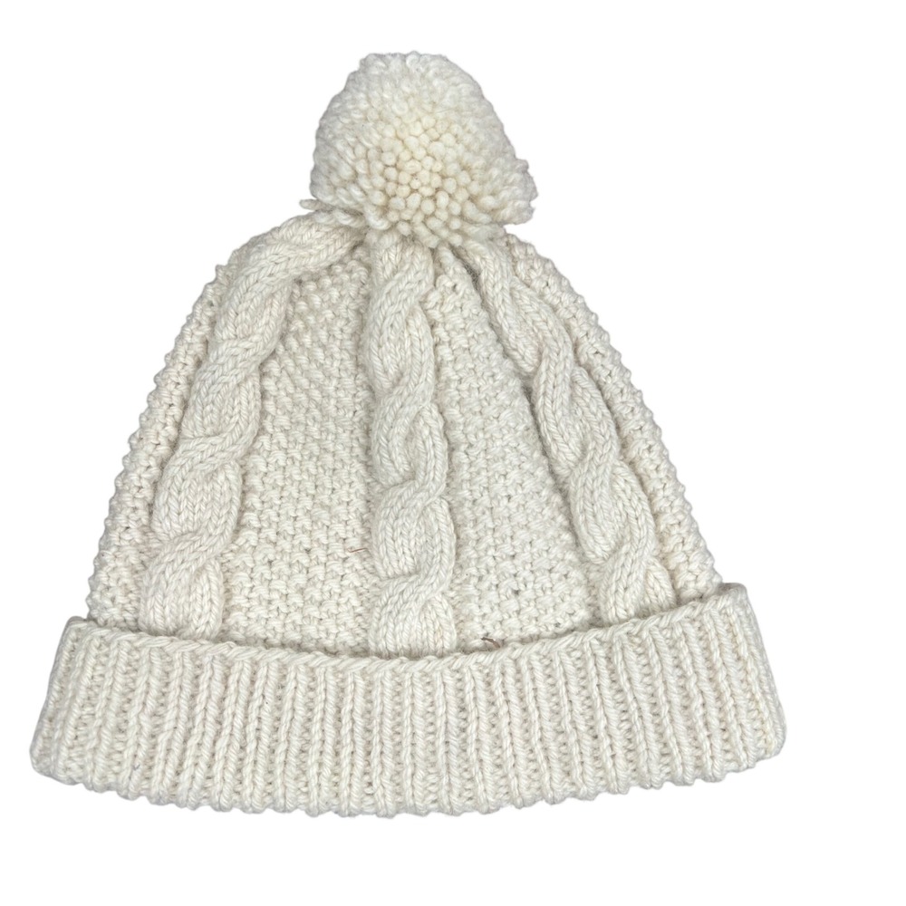 Handknitted in Scotland 100% Wool Cable Knit Pom Beanie Hat Cream Ivory